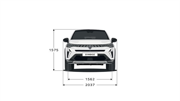 prednji prikaz vozila Renault Symbioz full hybrid E-Tech s prikazanim širinama i visinom u milimetrima

