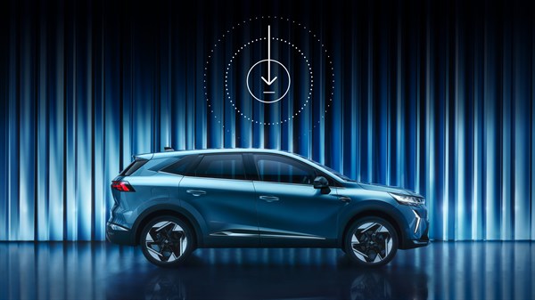 Bočni pogled na vozilo Renault Symbioz full hybrid E-Tech s ikonom preuzimanja iznad, na plavoj pozadini.