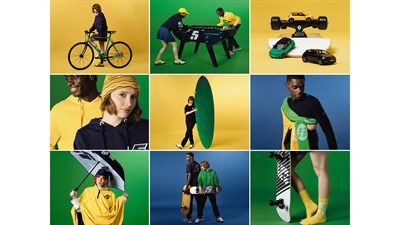 Kolaž od devet slika s modelima u sportskim odjevnim kombinacijama i raznim sportskim rekvizitima na obojenim pozadinama u žutoj, zelenoj i plavoj boji.

