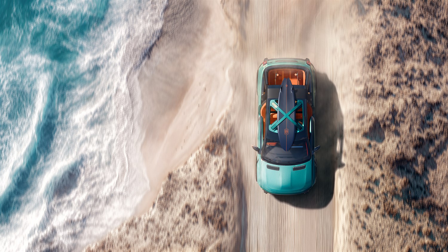 Pogled iz zraka na vozilo Renault 4 JP4x4 Concept koje vozi uz obalu s daskom za surfanje na kro