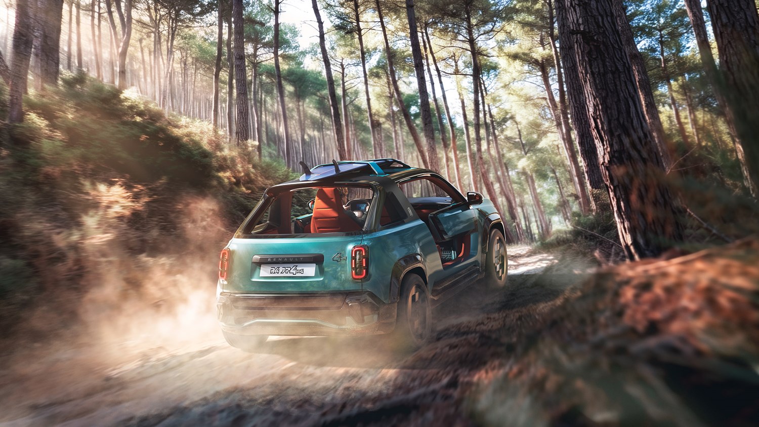 Vozilo Renault 4 JP4x4 Concept vozi šumskim putem dok podiže oblake prašine u prirodnom okruženju.
