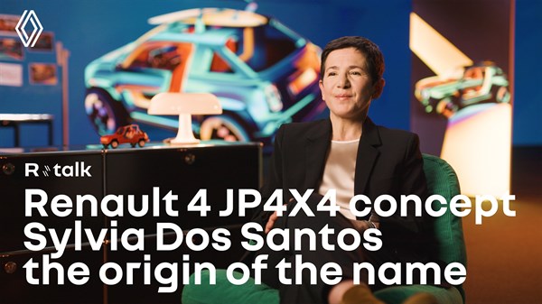 Sylvia dos Santos predstavlja koncept vozila Renault 4 JP4x4 Concept u studijskom okruženju s vizualima vozila u pozadini.