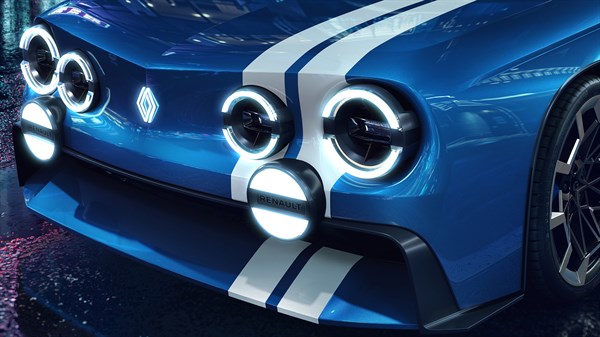 Detalj prednjeg dijela vozila Renault 8 Gordini Concept s poklopcem motora u obliku slova V i okruglim svjetlima.