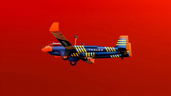 Dron u crno-narančastoj izvedbi s oznakama Thales, prikazan u letu na crvenoj pozadini.

