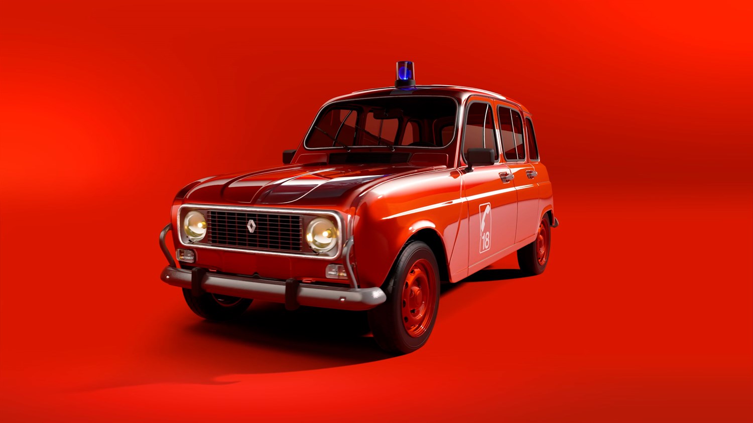 Klasično vozilo Renault 4 u crvenoj vatrogasnoj izvedbi s plavim rotirajućim svjetlom, prikazano na crvenoj pozadini.