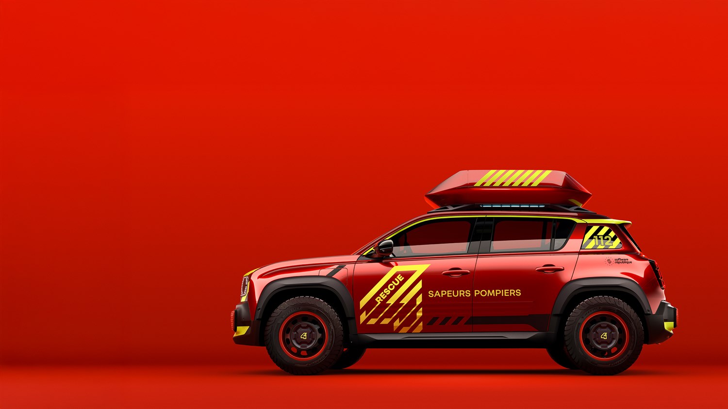 Bočni prikaz vozila vision 4rescue s oznakama "Sapeurs Pompiers" i krovnom kutijom, na crvenoj pozadini.

