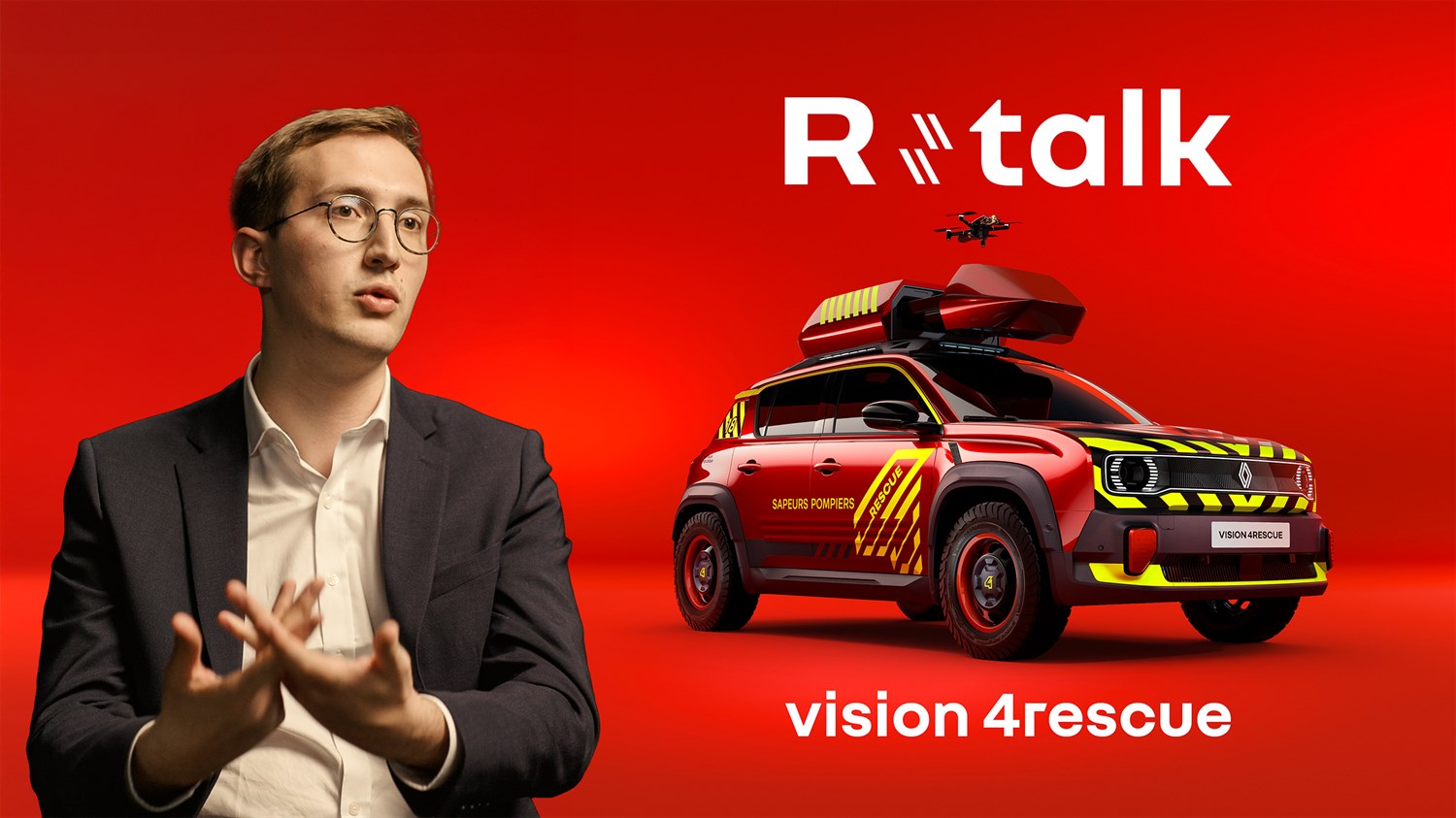Osoba u odijelu govori ispred crvene pozadine; desno je vozilo vision 4rescue s dronom iznad i tekstom "vision 4rescue".