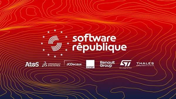 Vizual Software République s logotipima partnera projekta na crvenoj pozadini s konturama karte.








