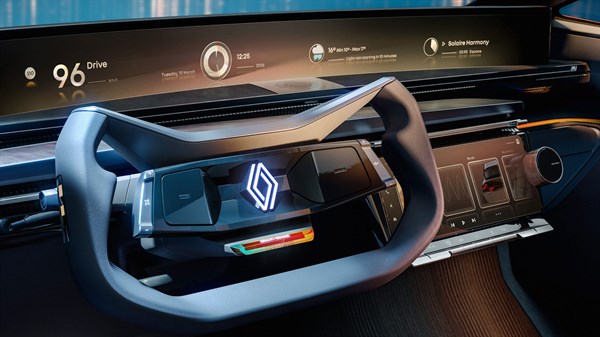 kompaktni upravljač konceptnog vozila Renault R-Space Lab s digitalnim zaslonima i Renault logotipom u središtu