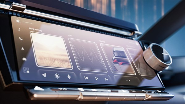 detalj multimedijskog zaslona u konceptnom vozilu Renault R-Space Lab s prikazom digitalnog sučelja i rotacijskim upravljačem
