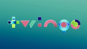 Šareni Twingo logotip na plavoj pozadini s geometrijskim oblicima









