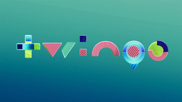 Šareni Twingo logotip na plavoj pozadini s geometrijskim oblicima









