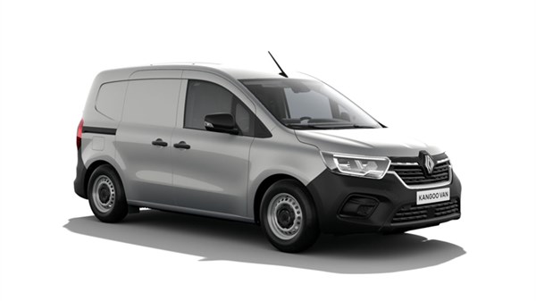 Sivo vozilo Kangoo prikazano na bijeloj podlozi, snimljeno iz prednjeg bočnog kuta.
