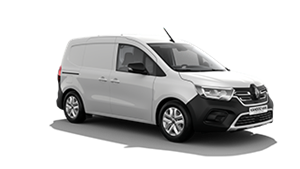 Bijeli Renault Kangoo Van E-Tech electric, prikazan iz kuta sprijeda na bijeloj pozadini.