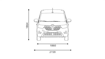 tehnički crtež prednjeg pogleda vozila Kangoo Van E-Tech electric s prikazom dimenzija širine i visine

