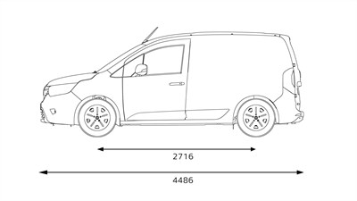 tehnički crtež bočnog pogleda vozila Kangoo Van E-Tech electric s prikazom ukupne duljine i međuosovinskog razmaka

