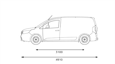 tehnički crtež bočnog pogleda vozila Kangoo Van E-Tech electric L2 s prikazom duljine i međuosovinskog razmaka

