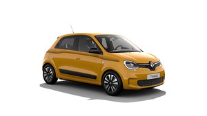 Vozilo Twingo u rumenoj  boji prikazano s lijeve prednje strane na bijeloj pozadini